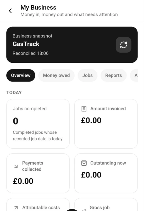 GasTrack My Business app capture showing the business snapshot, invoices, payments and outstanding balances