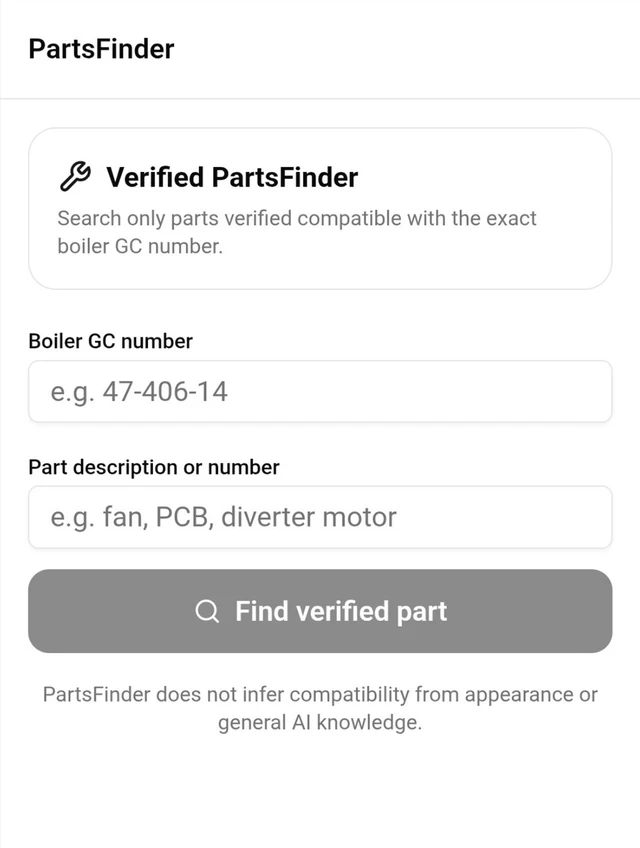 GasTrack PartsFinder app capture with boiler GC number and part description search fields and the compatibility evidence notice